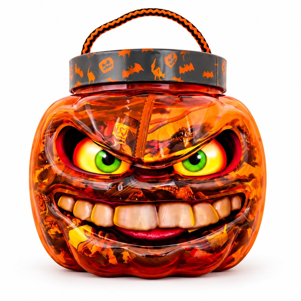 Calavera Halloween naranja con chuches surtidas fondo blanco