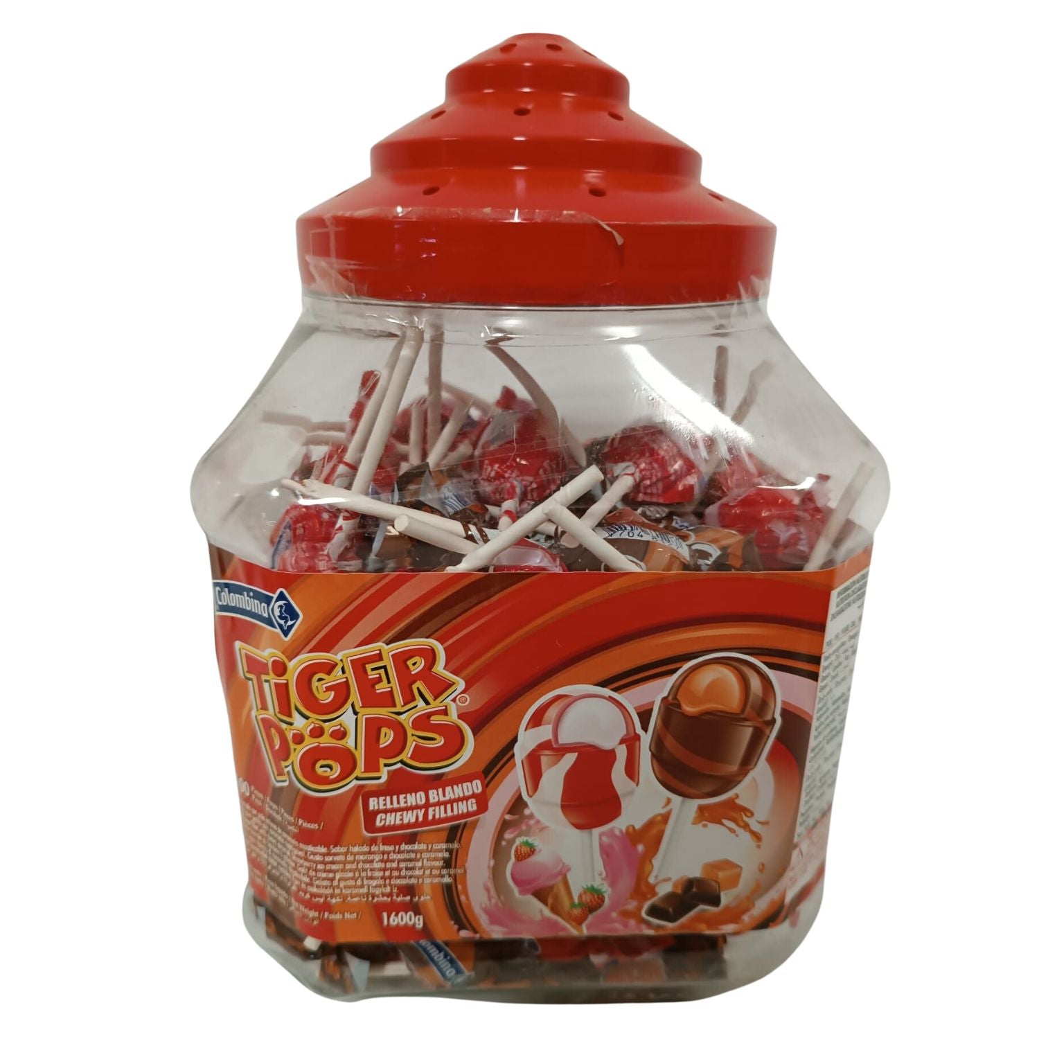Tiger Pops Colombina | Chupachups Relleno Masticable | Tarro Reutilizable 100 Unidades