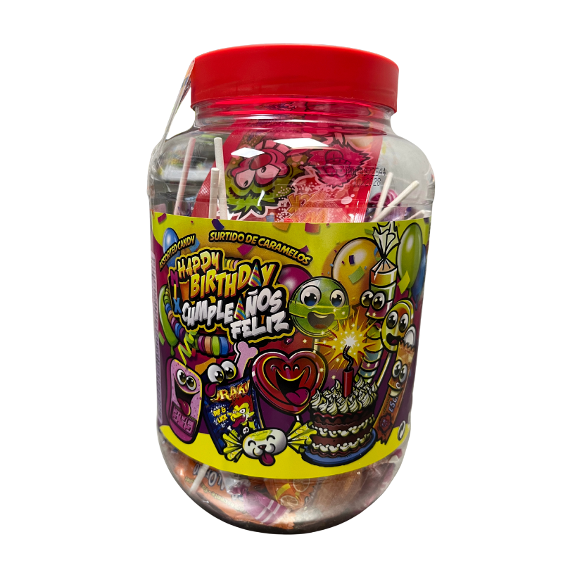 Cubo "Happy Birthday" Chuches Surtidas de Cumpleaños - Ideal para repartir o rellenar piñatas | Formato 750G