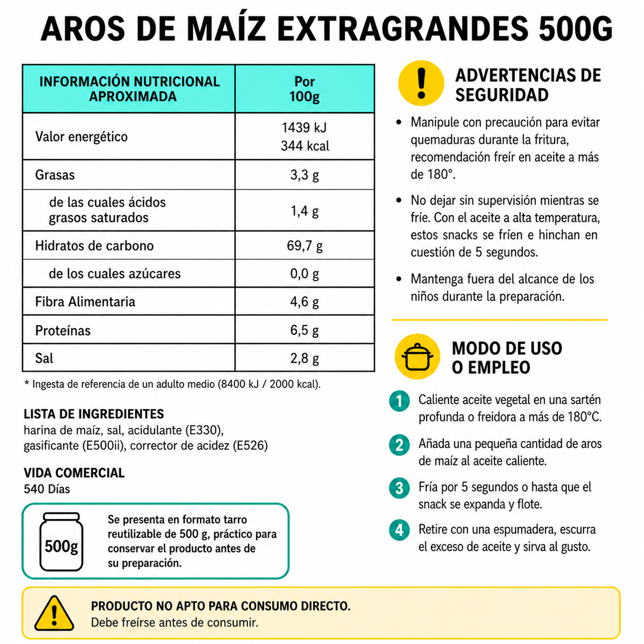 Anelli di Mais Extra Grandi - Snack Crudo da Friggere a Casa | Formato Barattolo Riutilizzabile 500g