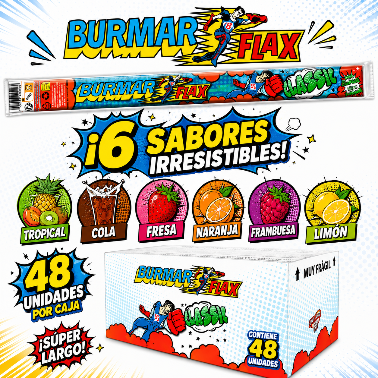 BURMAR FLAX SABORES CLASICOS: Tropical, Cola, Fresa, Naranja, Frambuesa y Limón