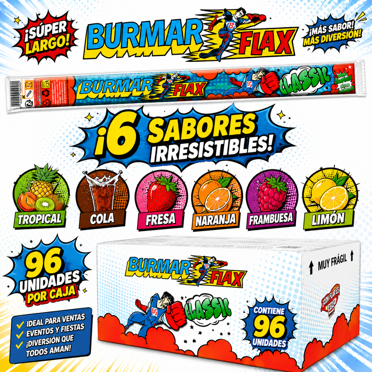 BURMAR FLAX SABORES CLASICOS: Tropical, Cola, Fresa, Naranja, Frambuesa y Limón