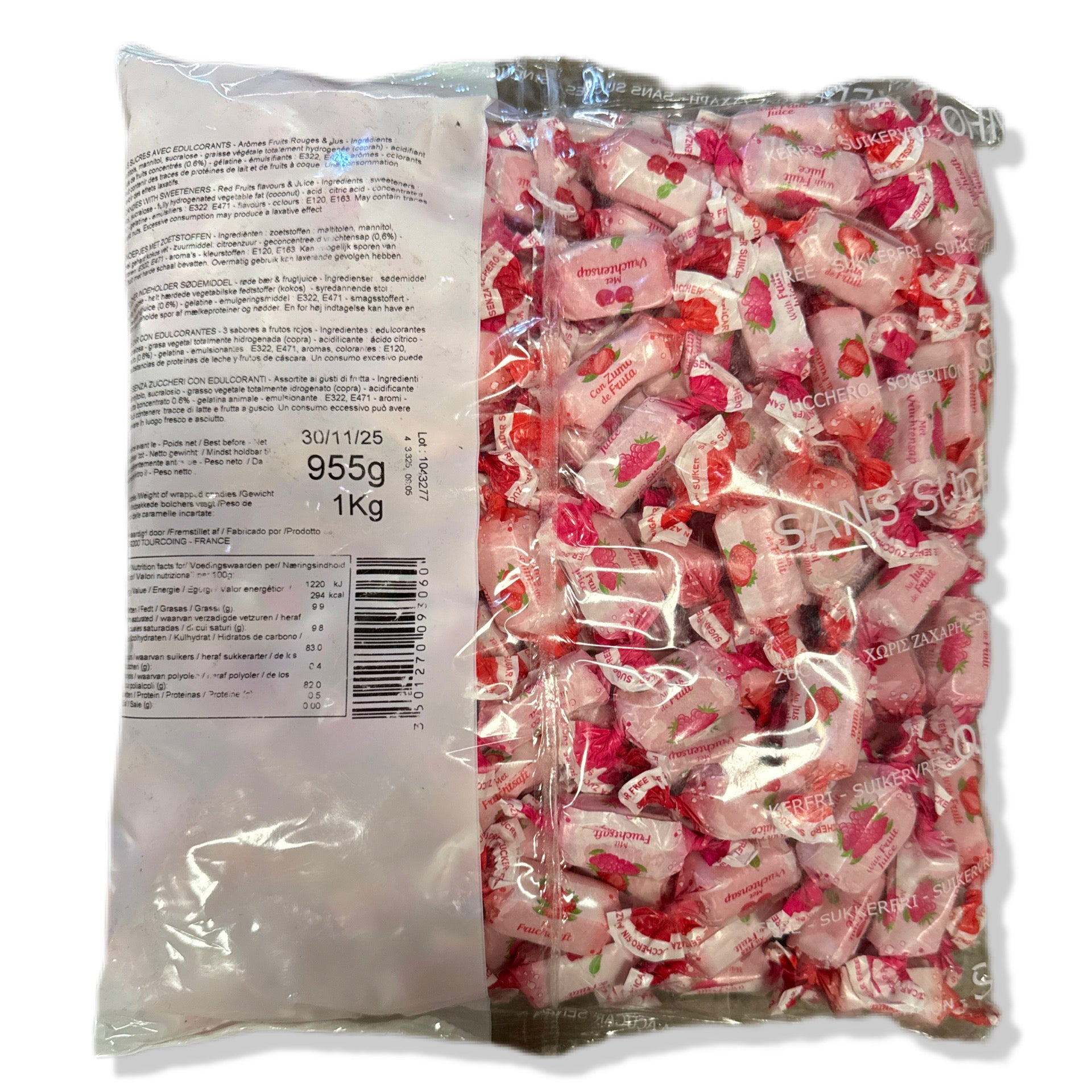 Caramelos Masticables SIN AZÚCAR - Sabores "Frutas Rojas" | Formato Bolsa 1KG