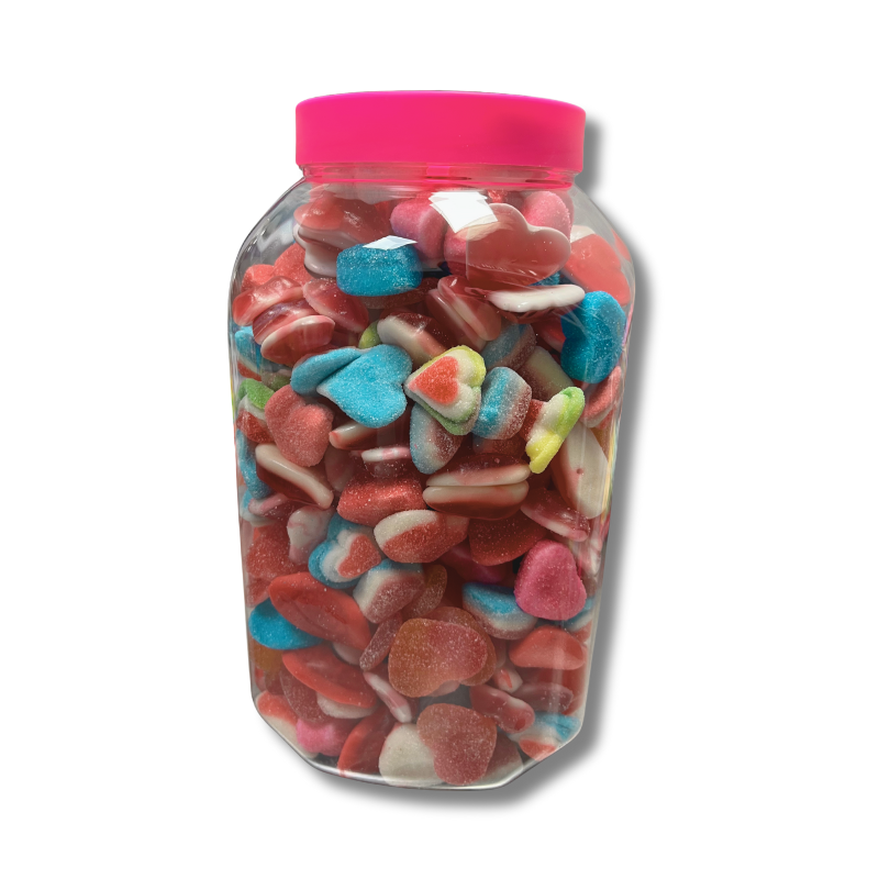 TARRO PICK AND MIX SAN VALENTÍN - CHUCHES FORMA DE CORAZONES AZÚCAR, PICA, BRILLO, y CHOCOESPONJITAS REFERENCIAS MEZCLADAS ALEATORIAS | FORMATO 3 o 1 KG