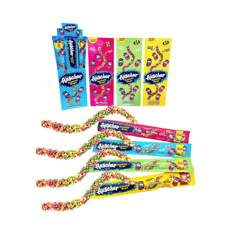 GUMMY ROPE - Gominola con Cobertura Crunchy - Envuelto Individualmente | Contiene 24 Uds | DISEÑO INTERIOR CON UN SOLO COLOR ALEATORIO: ROSA, AZUL, VERDE, AMARILLO