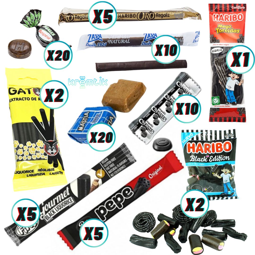 REGALIZ NEGRO - KREMTIK BOX | Caja Surtida de Caramelos, Regalices y Chuches con Sabor Original a Regaliz Negro - 10 Referencias para Degustación