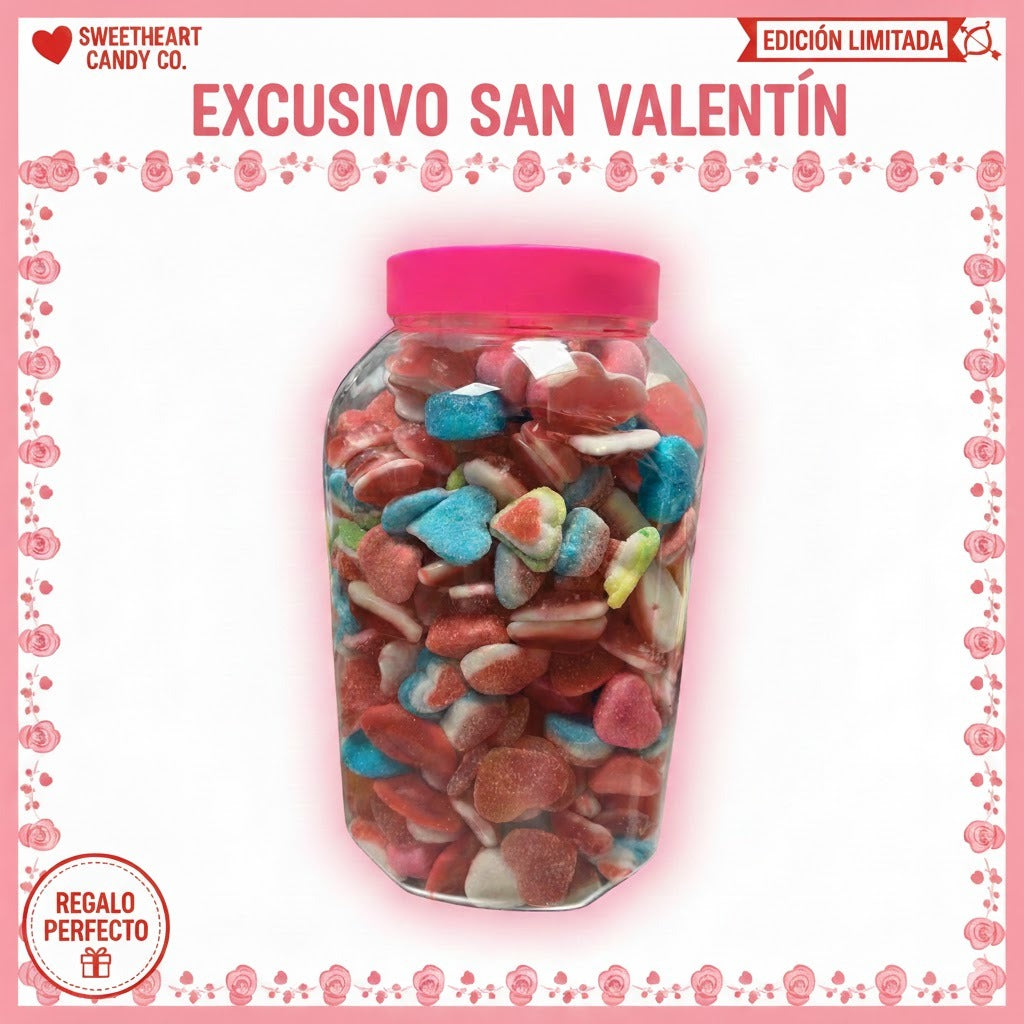 TARRO PICK AND MIX SAN VALENTÍN - CHUCHES FORMA DE CORAZONES AZÚCAR, PICA, BRILLO, y CHOCOESPONJITAS REFERENCIAS MEZCLADAS ALEATORIAS | FORMATO 3 o 1 KG
