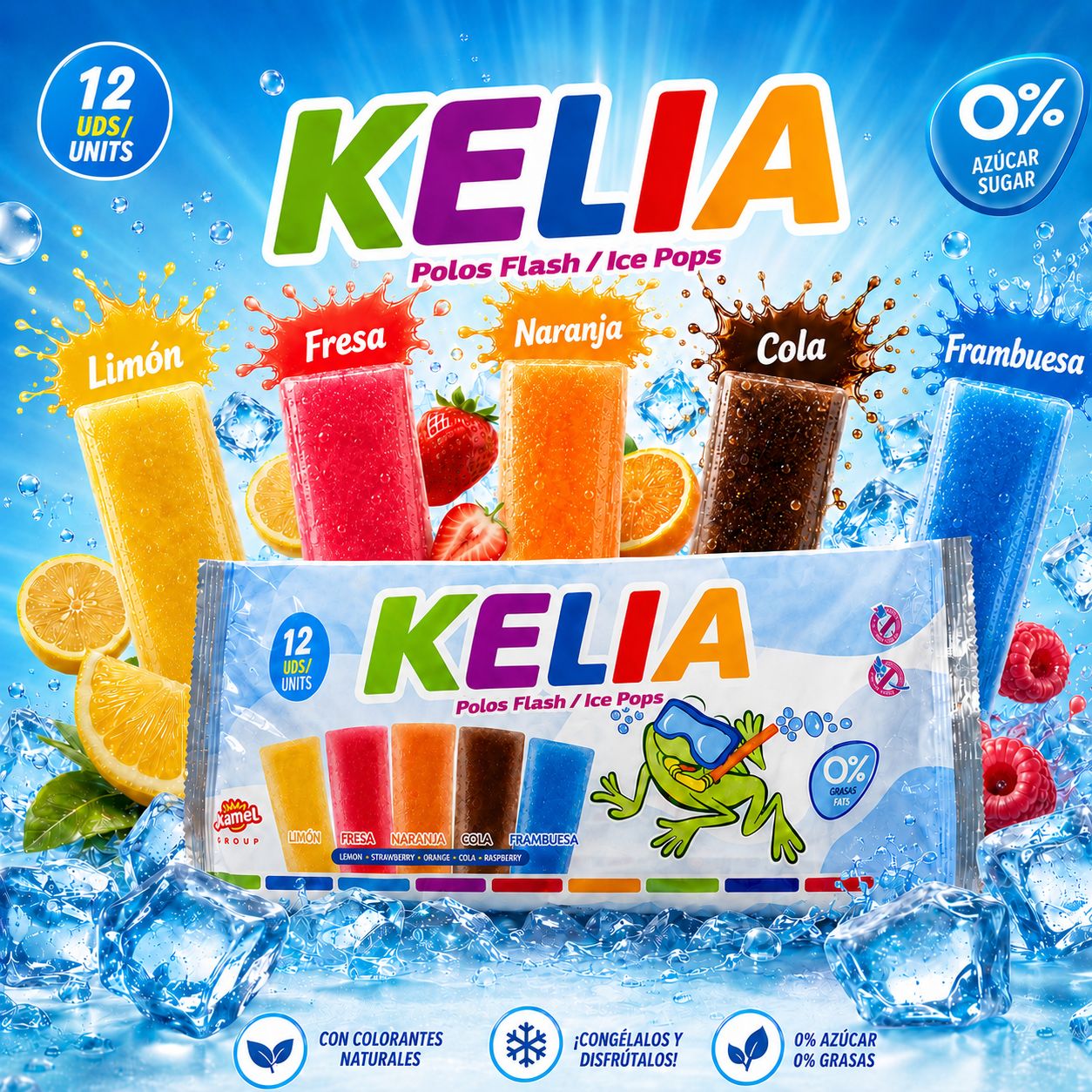 #AMZ Kelia Sin AzĂșcar - Polo Flash 0% | SIN GLUTEN, SIN LACTOSA | Sabores Surtidos: Fresa, Cola, LimĂłn, Naranja y Frambuesa - 15 Bolsas = 180 Unidades x 45 ml