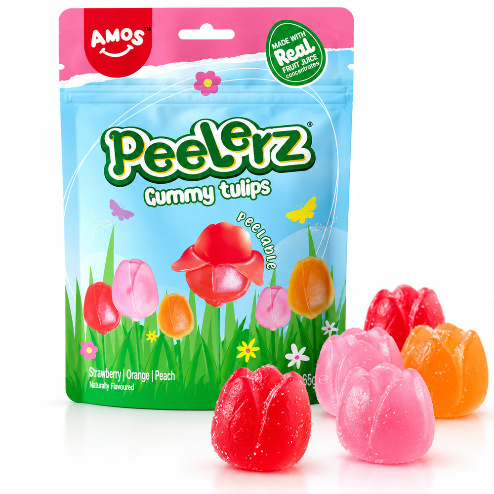 Amos Peelerz Tulipanes pelables, bolsa 65 g sobre fondo blanco, pack de 6