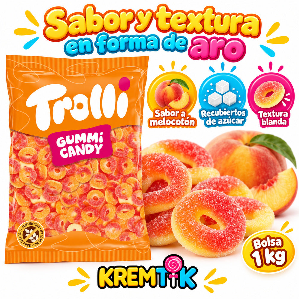 Aros Melocotón Trolli sabor a melocotón, recubrimiento de azúcar y textura blanda
