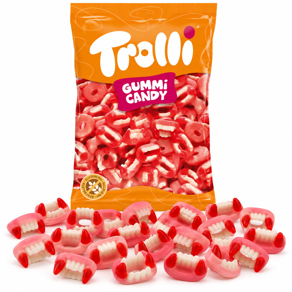 Dentaduras Drácula Trolli bolsa 1 kg - fondo blanco con gominolas delante