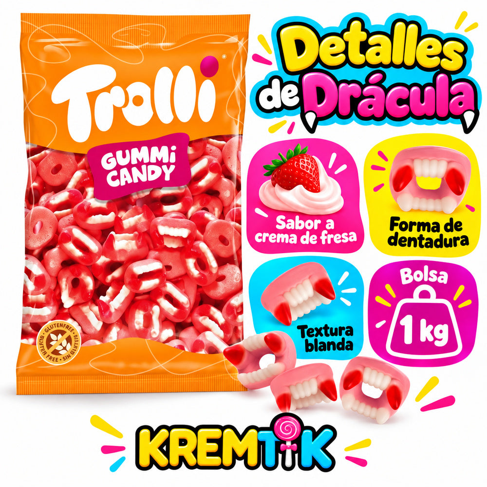 Dentaduras Drácula Trolli bolsa 1 kg - sabor a crema de fresa y características