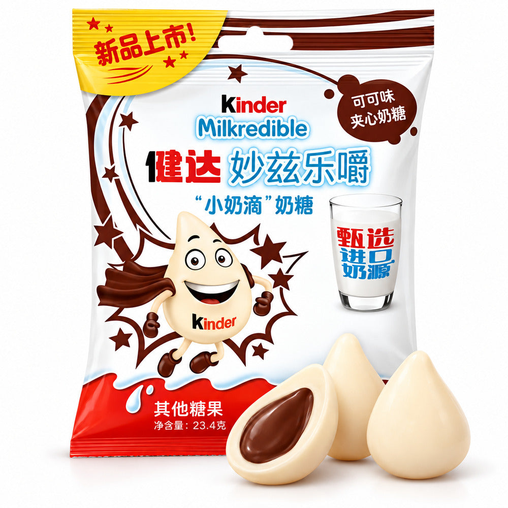 Kinder Milkredible bolsa 23,4 g y caramelos rellenos de leche y cacao sobre fondo blanco