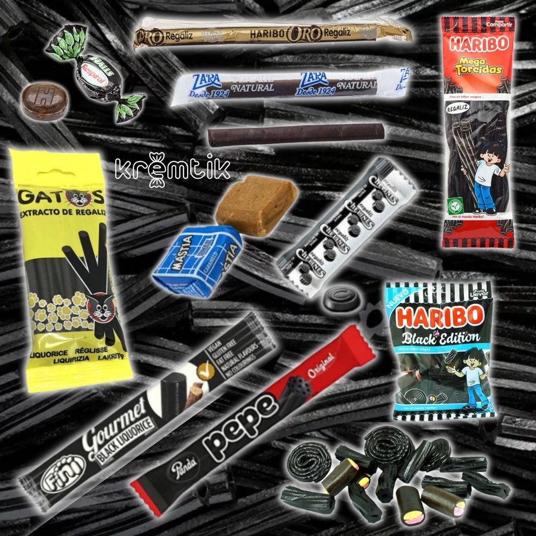 REGALIZ NEGRO - KREMTIK BOX | Caja Surtida de Caramelos, Regalices y Chuches con Sabor Original a Regaliz Negro - 10 Referencias para Degustación