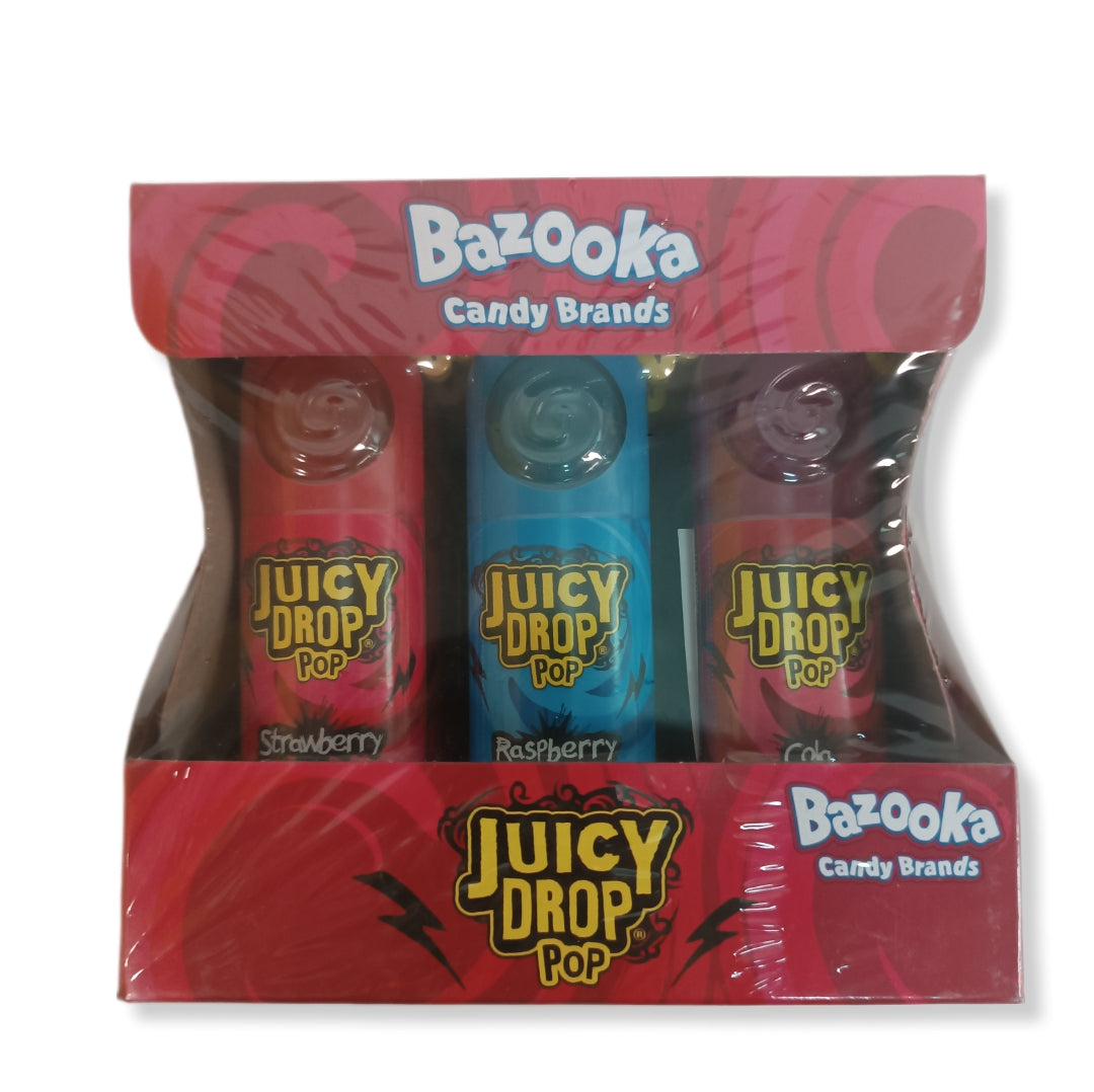 Caramelo Duro Y Caramelo Líquido Ácido Juicy Drop Pop | Formato Caja 12 Unidades (Fresa, Frambuesa y Cola)