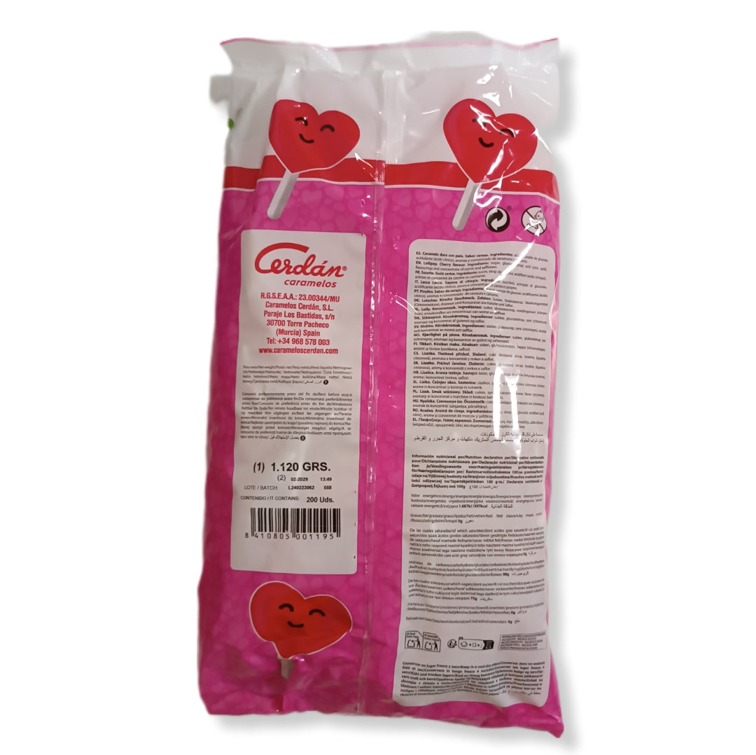 Piruletas Corazón - Sabor Cereza Cerdán | Formato Bolsa 200 Unidades
