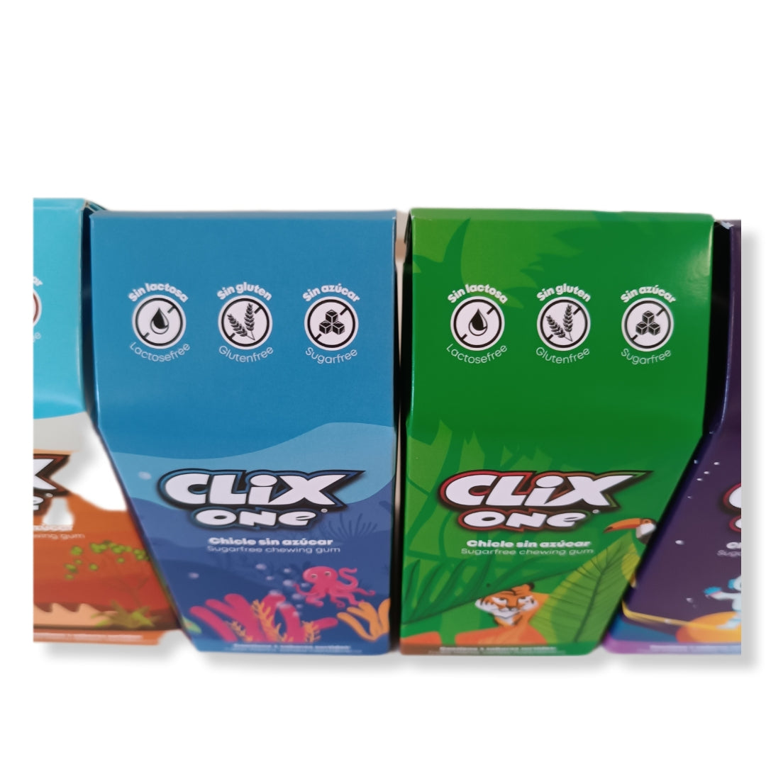 Clix Chicles PACK 4 CAJAS TEMÁTICAS | 4 Sabores Surtidos Sin Azúcar 100g