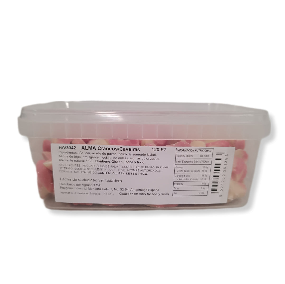 Calaveras Rellenas Chocolate Blanco-Fresa | Formato Tarro Reutilizable Aprox. 120 Uds.