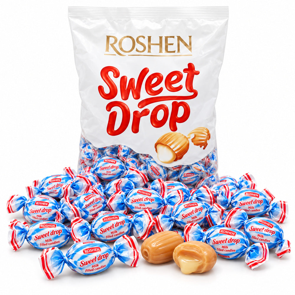 Roshen Sweet Drops bolsa 1 kg y caramelos sobre fondo blanco