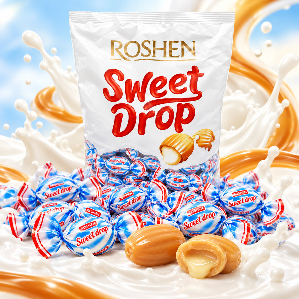 Roshen Sweet Drops con temática de leche y caramelo