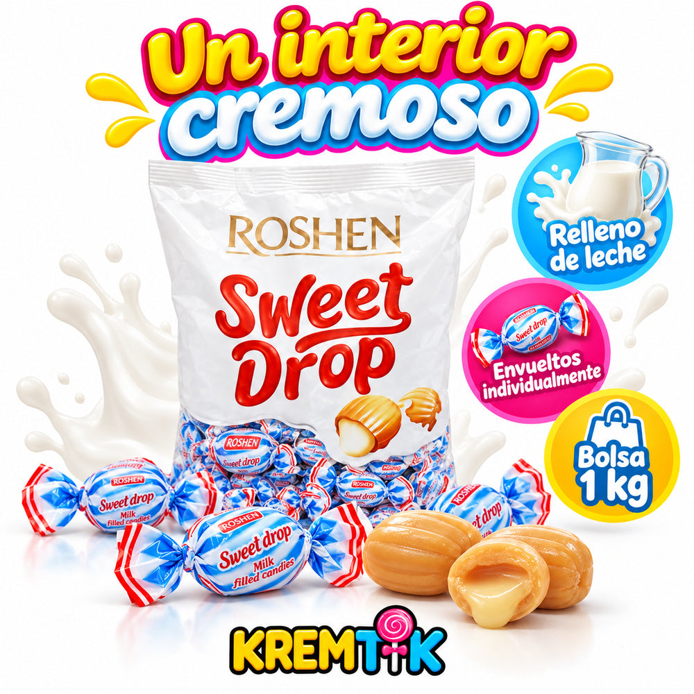Roshen Sweet Drops relleno de leche y envoltorio individual, bolsa 1 kg