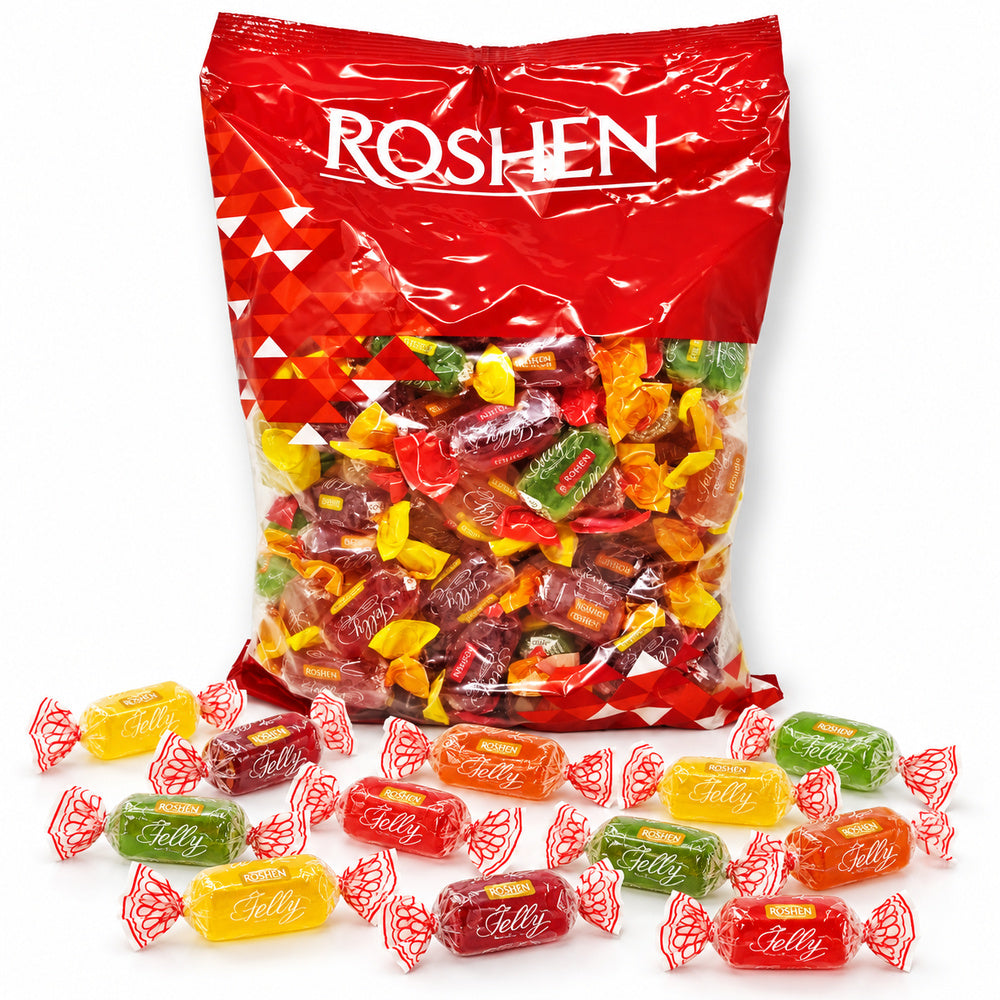 Roshen Jelly 1 kg con gominolas envueltas sobre fondo blanco