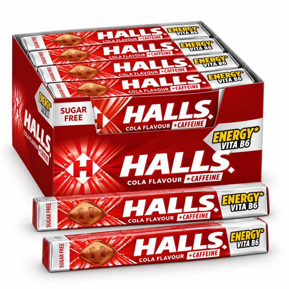 Halls Cola expositor con unidades individuales fondo blanco