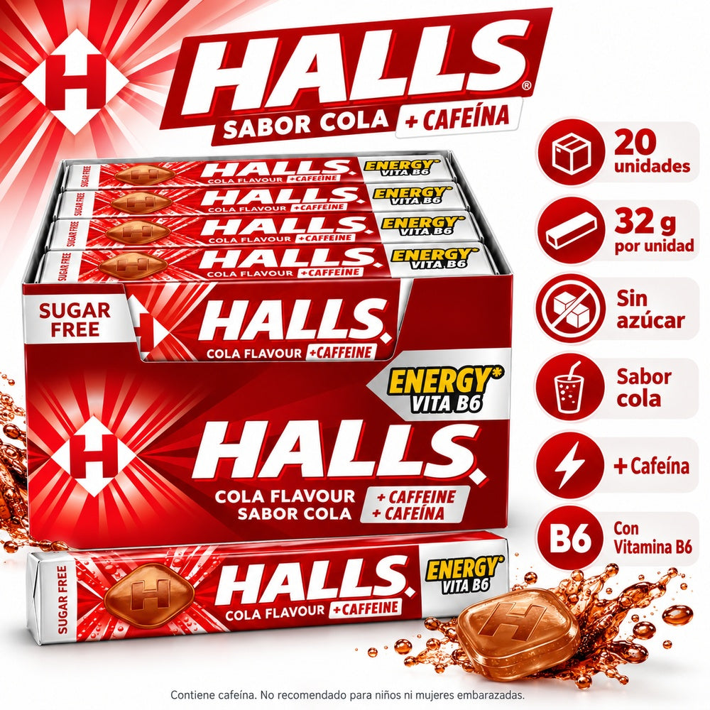 Halls Cola características 20 unidades sin azúcar con cafeína y vitamina B6
