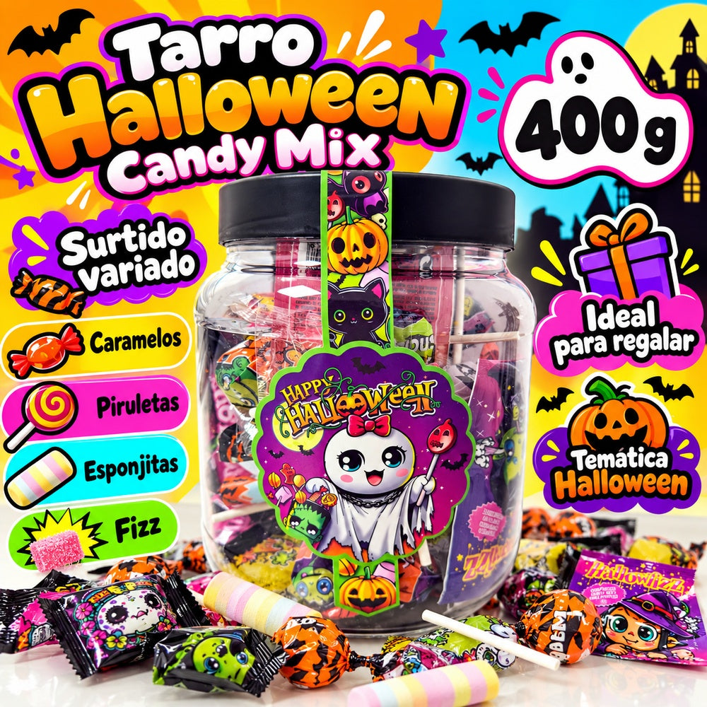 Tarro Halloween candy mix características diseño Kremtik