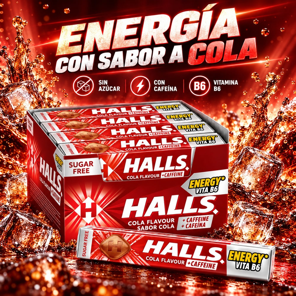 Halls Cola imagen temática energía con sabor cola