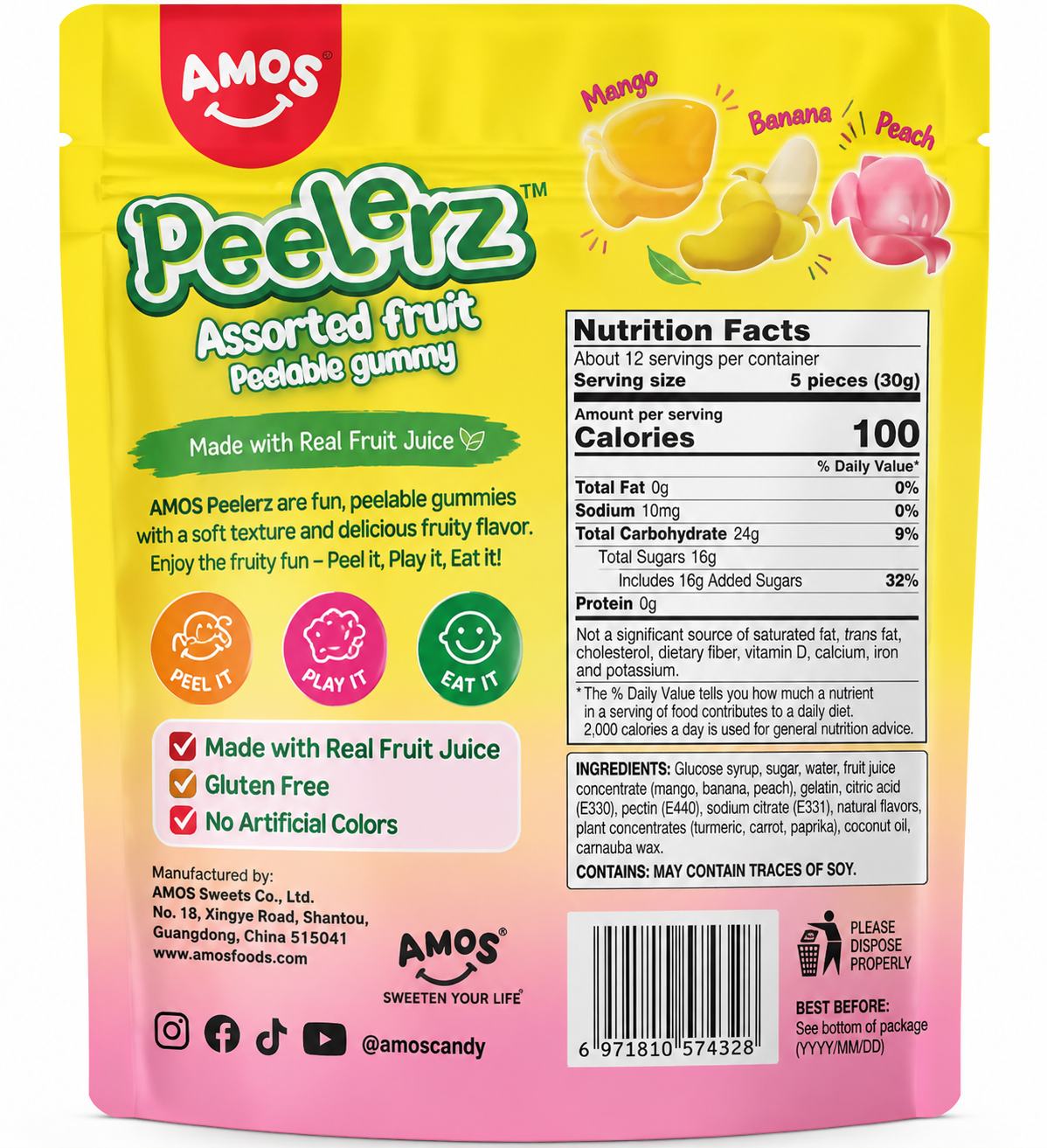 Amos Peelerz Gummy Mix "Mango, Banana y Melocotón" | Contiene 300G
