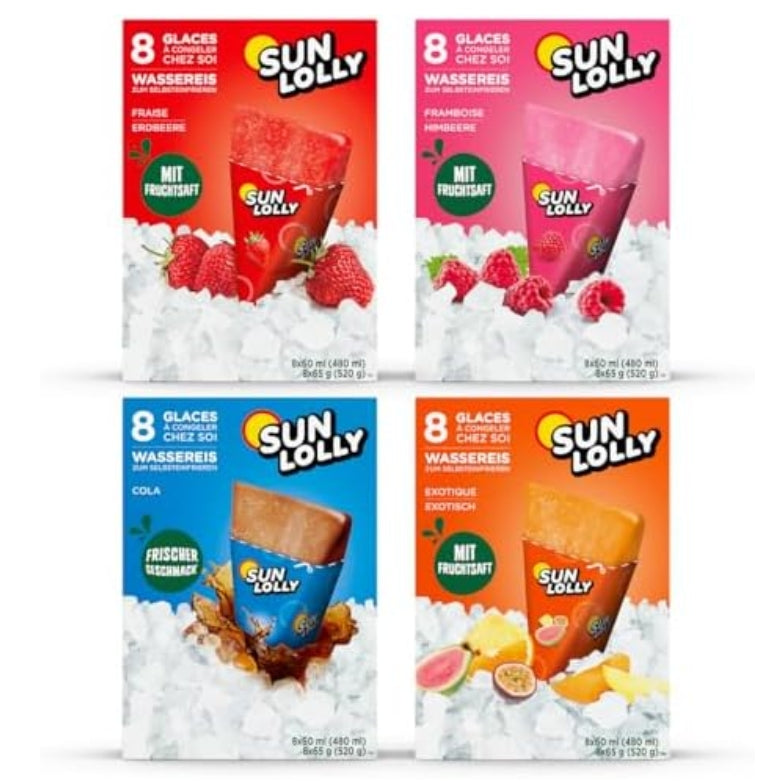 Sun Lolly Para Congelar en Casa | Sabores: Cola, Fresa, Frambuesa y Tropical | 32 Uds x 60 ml
