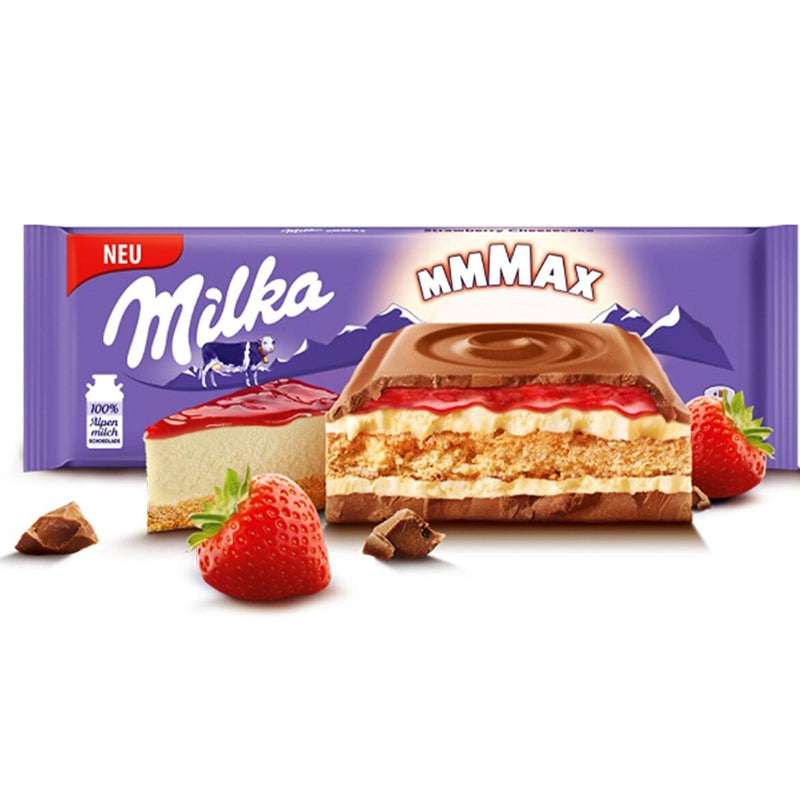 Milka Tableta Grande de Chocolate Relleno de Tarta de Queso con Galleta y Fresa (300g)