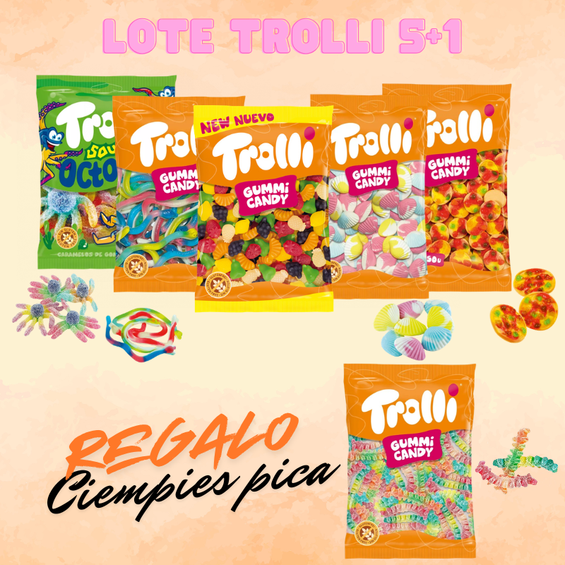 LOTE CERRADO - PROMOCIÓN 5+1 TROLLI | Ciempies Pica, Culebras, Fruit Jelly, Almejas Foam, Pizza y Pulpos Pica | Formato 1KG