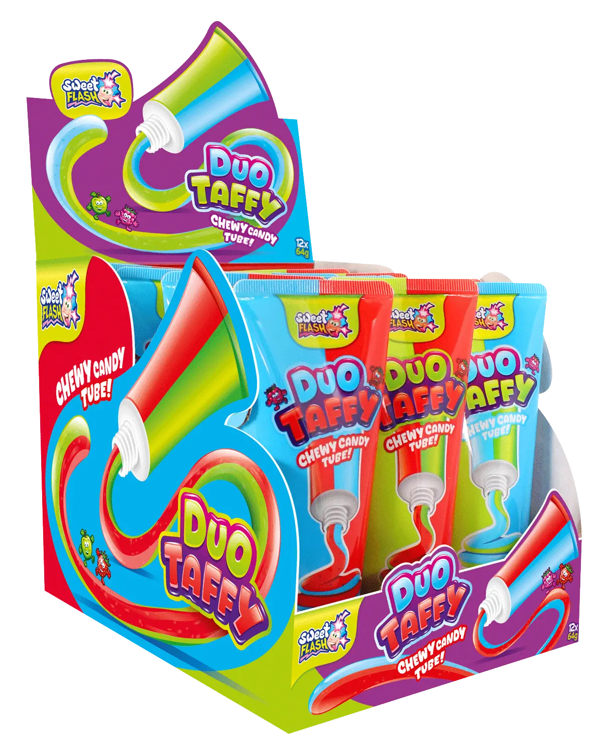 Duo Taffy Doble Sabor - Caramelo Masticable en Tubo 64g - Expositor 12 Unidades