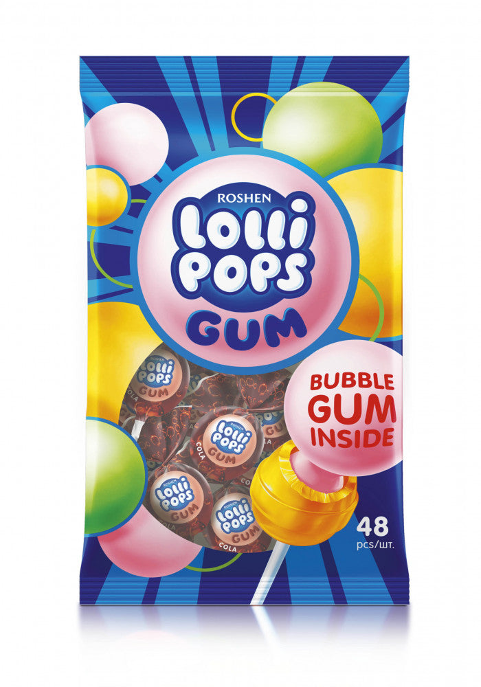 Roshen Lollipop Cola Relleno de Chicle | Contiene 48 Unidades
