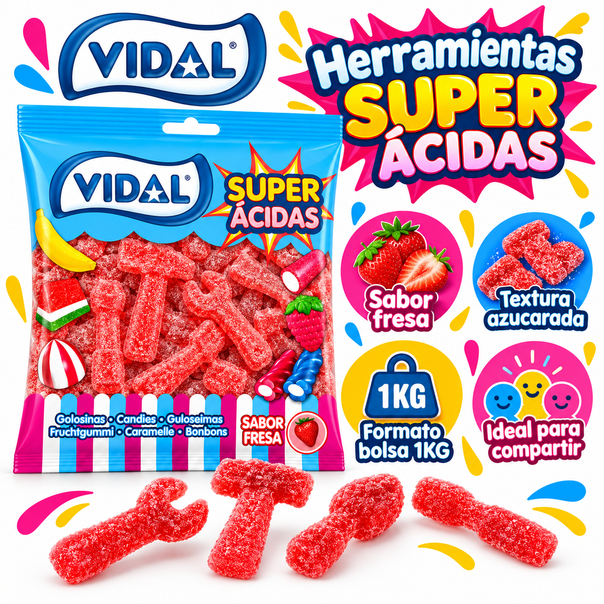 Herramientas Super Ácidas Sabor Fresa | Formato Bolsa 1KG - Aprox 163 Uds