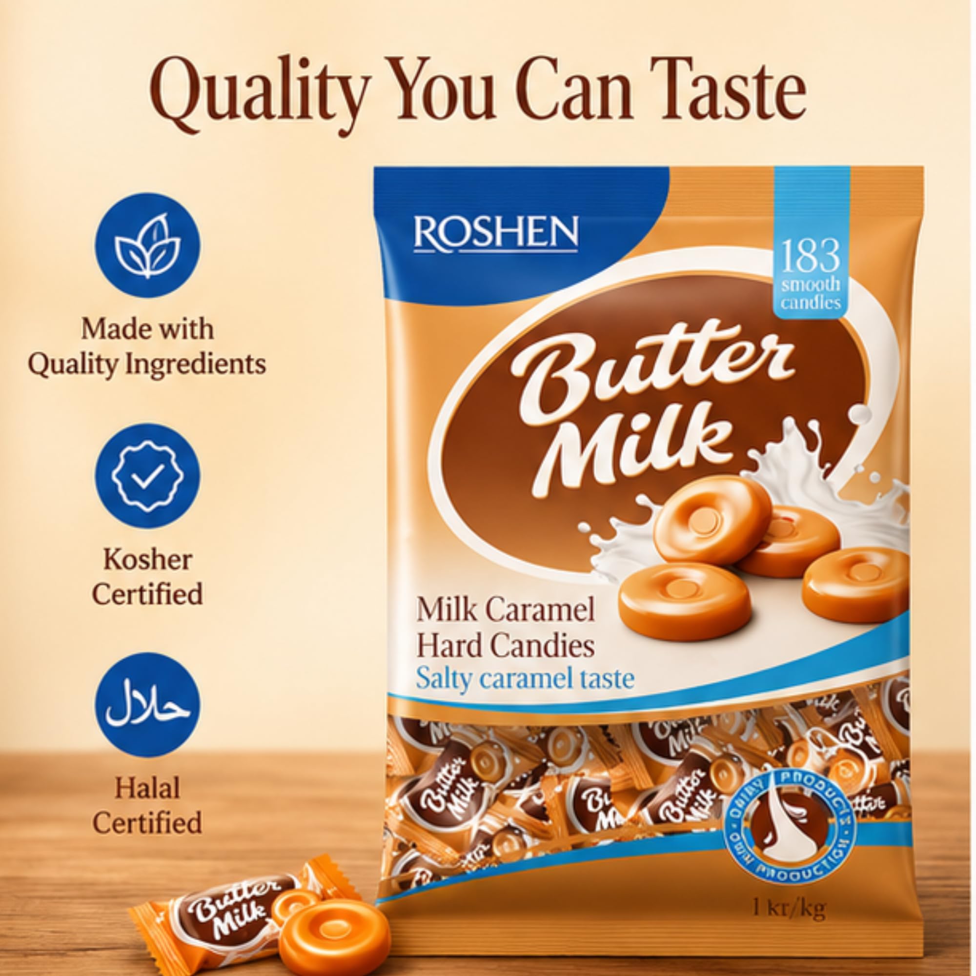 Butter Milk 1KG - Aprox 183 Unidades - Roshen - Caramelo con Leche y Suave Toque Salado