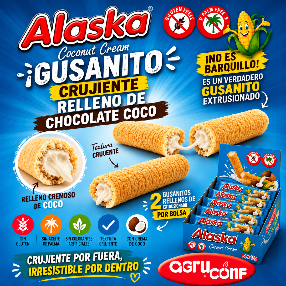 Alaska - Gusanito Crujiente Relleno de Crema | SABOR COCO | Contiene 24 Unidades - Sin Gluten