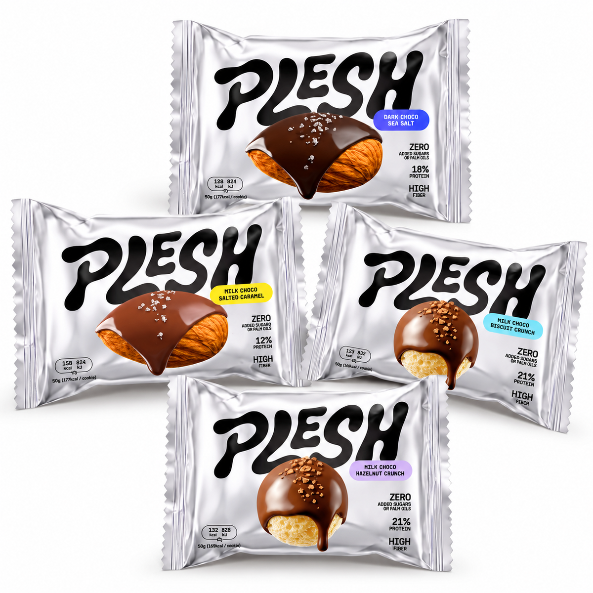 PLESH - Lote Introducción - Almendras Oscuras Sal, Caramelo de Leche, Crujiente de Avellana, Crunchy Bites -  40 UNIDADES