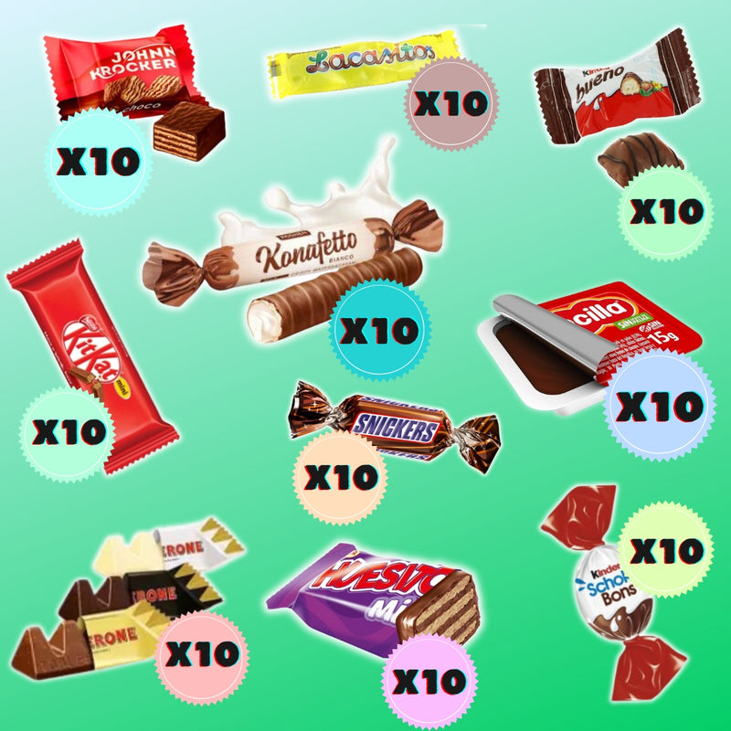 Surtido Mini Chocolates de 100 Unidades | Regalo Ideal para Aficionados al Chocolate | Kit Kat, Kinder, Toblerone, Lacasitos, Mars, Huesitos, Nocilla, Roshen
