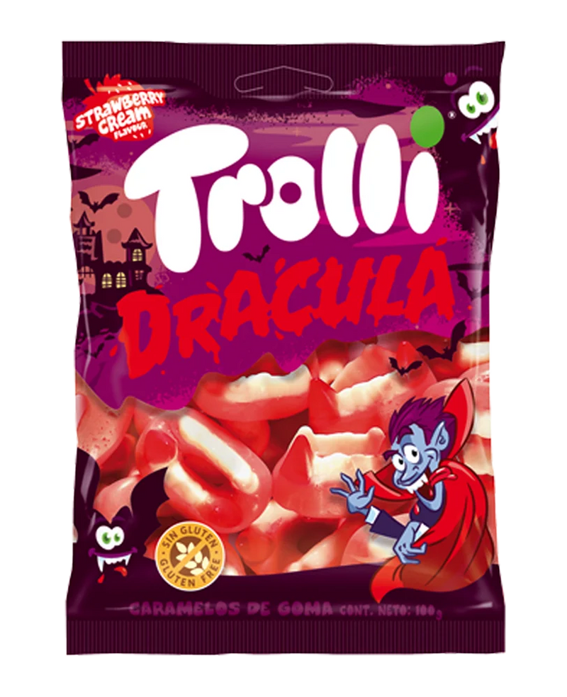 Colmillos Drácula Trolli Bolsitas Individuales | Contine 12 Bolsas de 100g - Chuches Halloween