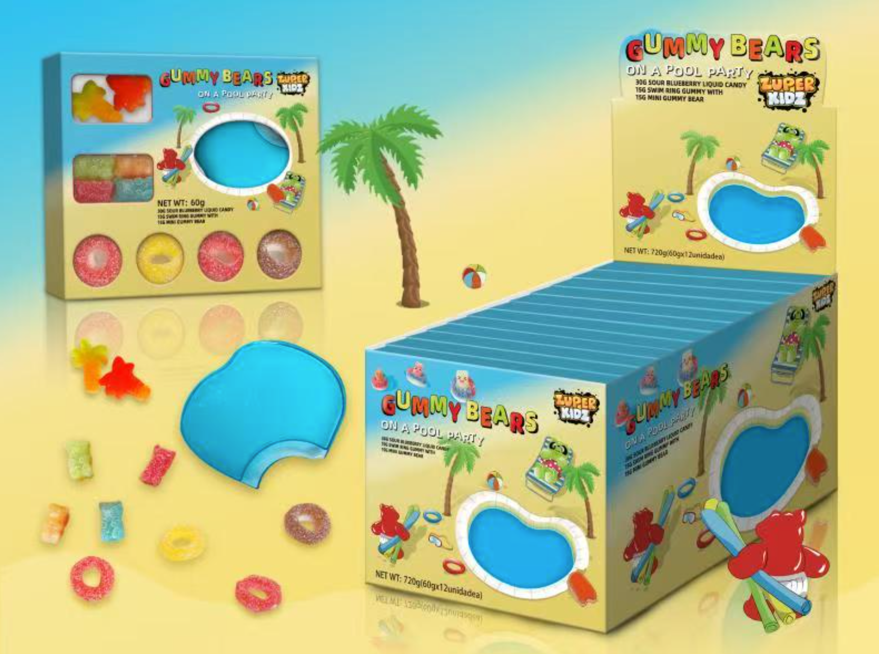 Piscina de Salsa Ácida "Blueberry" con Ositos, Flotadores y Palmeras de Gominolas | Contiene 12 Uds