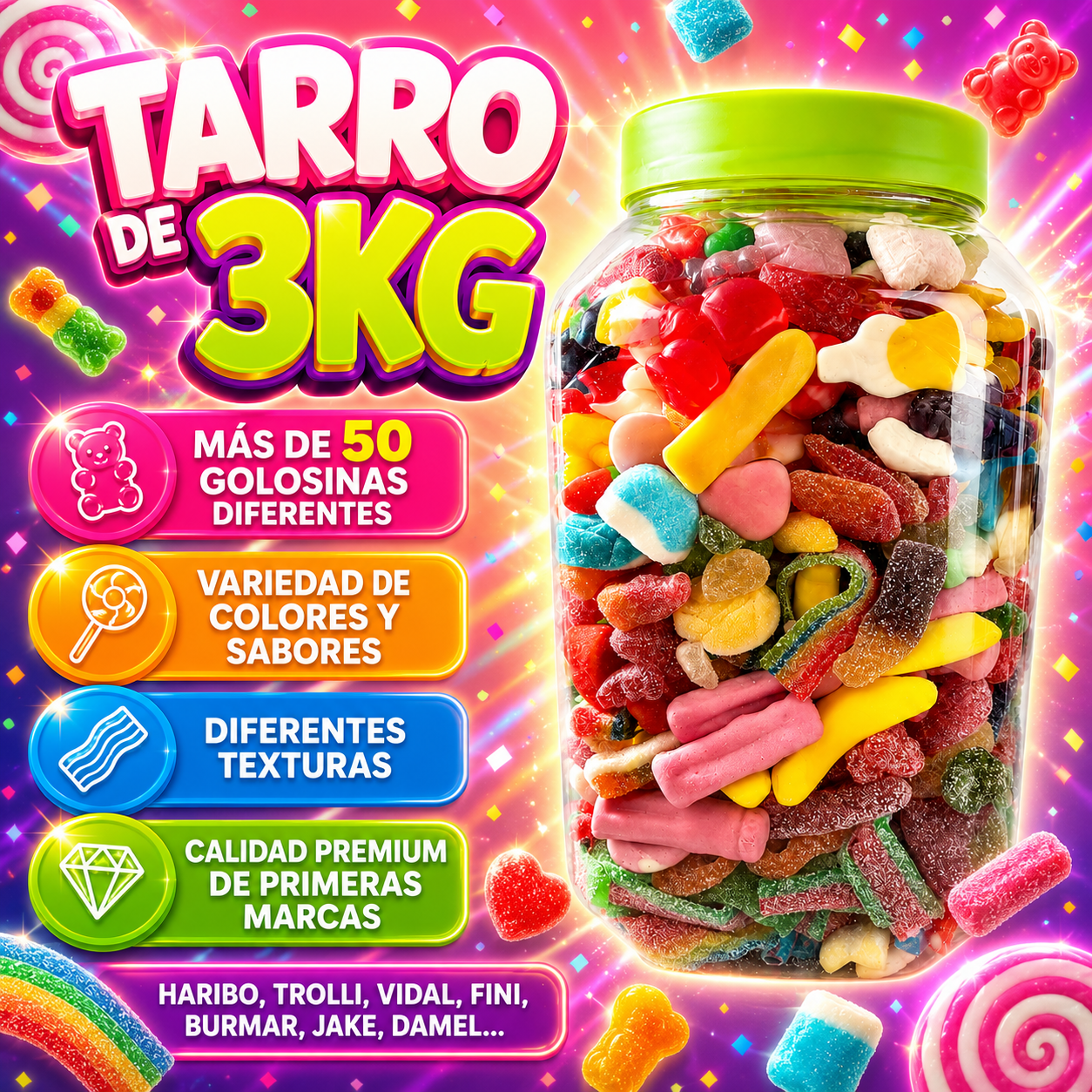 KREMTIK - Pick & Mix Golosinas: Azúcar, Pica Pica, Brillo, Ácidas, Foam | TARRO 3KG