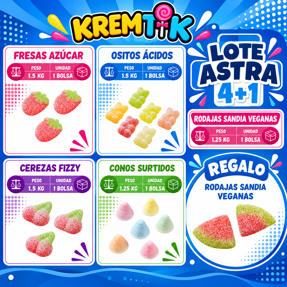 Lote Astra 4+1 : Contiene Fresas Azúcar, Ositos Ácidos, Cerezas Fizzy, Conos Surtidos, Rodajas Sandía - Formato Bolsas 1,2KG y 1,5KG