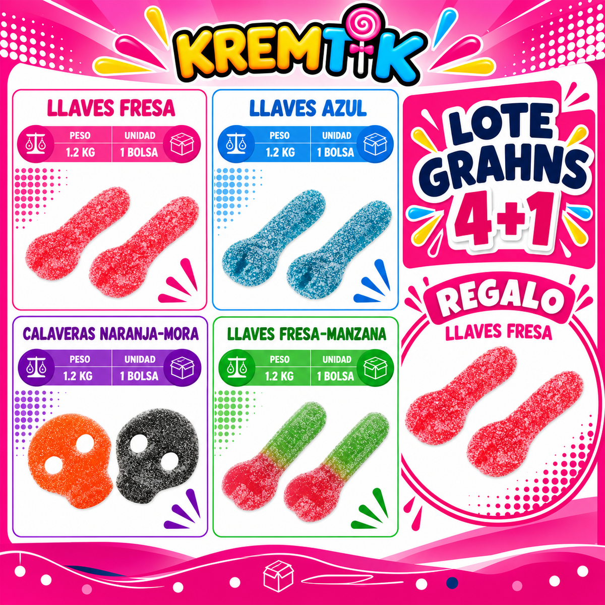 LOTE SUPER ÁCIDAS: Llaves Fresa, Azules, Fresa/Manzana y Calaveras | Formato Bolsa 1,2KG.