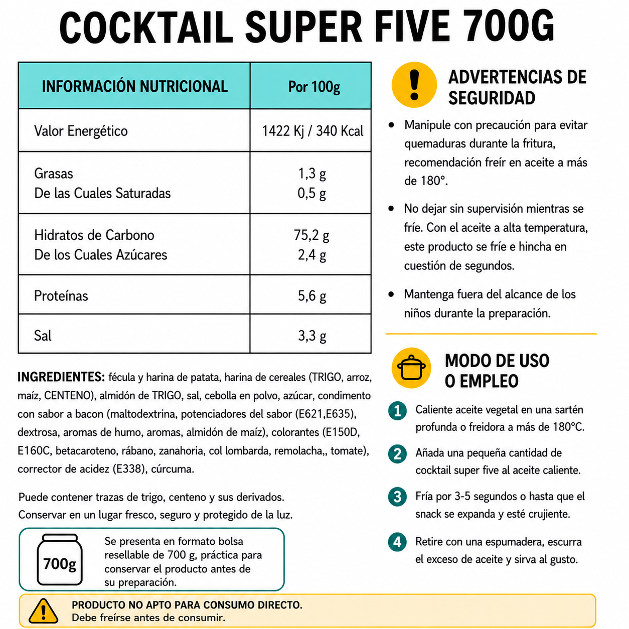 Cocktail Super Five - Snacks Para Freír en Casa (Anillos, Aros, Lenguas, Estrellas y Ruedas)  | Formato Tarro 700G