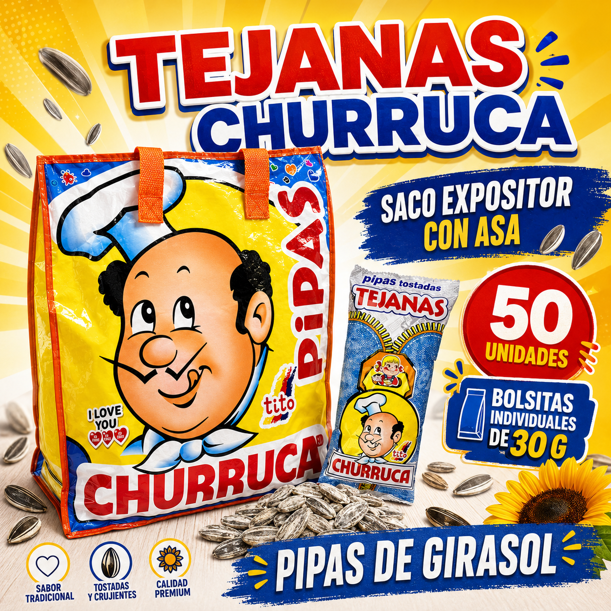 Pipas Tejanas Popular - Bolsa con Asa Expositora - Contiene 50 Unidades de 30g.