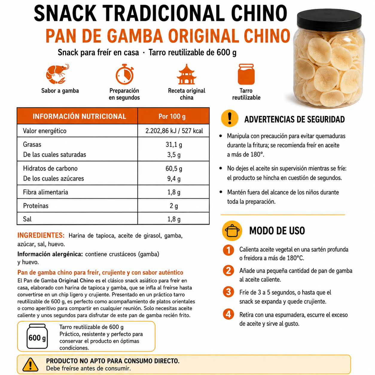 Pan de Gamba Original Chino - Snacks Para Freir En Casa | Tarro Reutilizable 600G