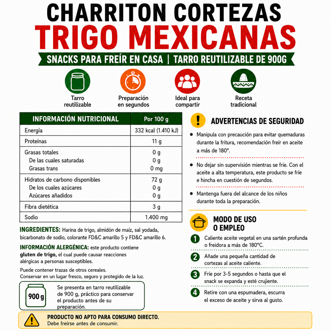 Charriton Cortezas Trigo Mexicanas - Snacks Para Freir En Casa | Tarro Reutilizable 900G